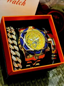 Men luxury punk style oversized watch with two fashion bracelets gift box set detail view