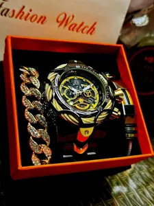 Luxury men's heavy steel strap quartz watch and rhinestone Cuban bracelet gift set.