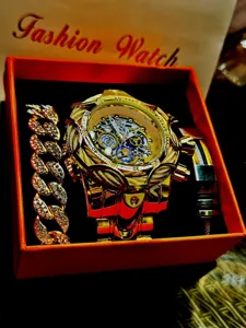 Mens large dial punk gold watch set with rhinestone cuban link bracelet in gift box