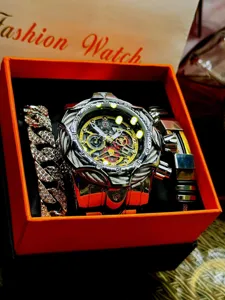 Men's punk steel watch set with large dial and matching bracelets, tough guy style gift box.