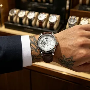 Men's automatic mechanical watch stainless steel case brown leather strap moon phase luxury business