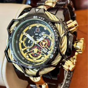 Men oversized stainless steel chronograph watch black gold punk heavy metal wristwatch