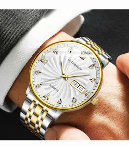Men's automatic mechanical watch with two-tone stainless steel strap and white dial.