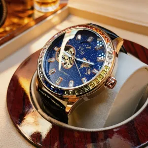 Heren Automatisch Mechanisch Horloge Sterrenhemel Opengewerkte Wijzerplaat Strass Rand Echt Lederen Band Polshorloge