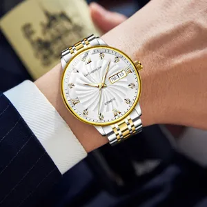 Luxury automatic mechanical men watch with two-tone strap, white dial and day date display.