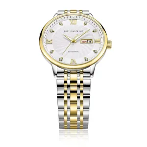 Men's automatic mechanical watch with two-tone steel strap, dual calendar and diamond dial.