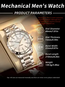 Luxury men's mechanical watch with mother-of-pearl dial and stainless steel strap details.