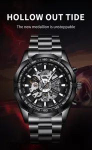 Men skeleton mechanical watch black steel strap automatic waterproof sports watch detail view