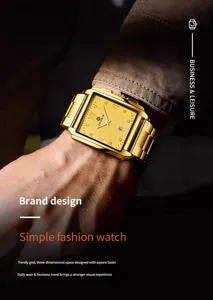 Men square gold quartz watch with stylish dial and metal strap for business wear and casual use.