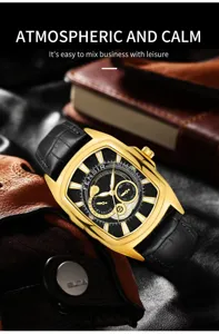 Men's luxury tonneau quartz watch detail, black dial with golden case and leather strap.