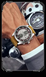 Men's multifunctional mechanical wristwatch with leather strap and chronograph dial.