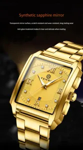 Luxury gold quartz watch for men with square dial, synthetic sapphire glass and metal strap.