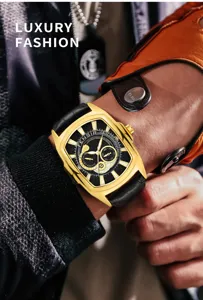 Men gold tonneau quartz watch with black dial and leather strap for fashion daily wear