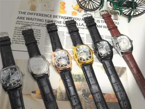 Men luxury tonneau quartz watch stylish skeleton dial leather strap casual business timepiece