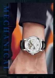 Automatische Herren-Mechanikuhr mit skelettiertem Zifferblatt und eleganten Diamantindexen.