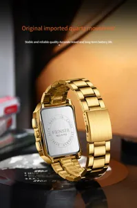 Men gold square quartz watch stainless steel strap luxury business waterproof wristwatch