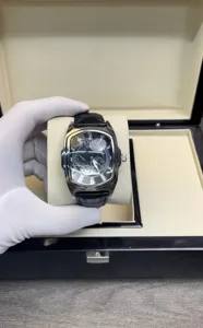 Fashion men tonneau quartz watch with black dial and leather strap luxury gift box set
