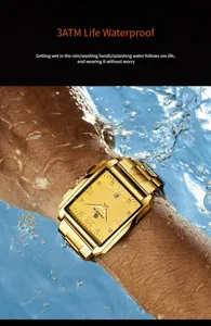 Men's gold square quartz watch with metal strap and waterproof design for outdoor sports.