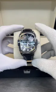 Men's fashion tonneau quartz watch with black leather strap and textured dial for daily wear.