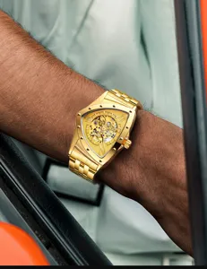 Heren goud automatisch mechanisch horloge driehoekige holle roestvrijstalen luxe