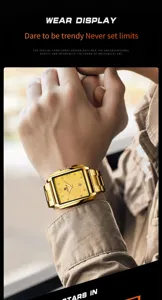 Men's square gold quartz watch with stylish dial and metal strap for daily wear.