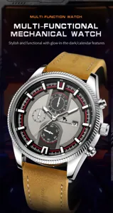 Men's multi-functional mechanical watch with brown leather strap and detailed dial design.