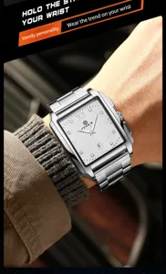 Men's square quartz watch detail view, featuring silver stainless steel bracelet and white dial.