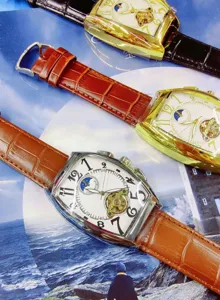 Heren tonneau automatische mechanische horloge met tourbillon en maanfase wijzerplaat.