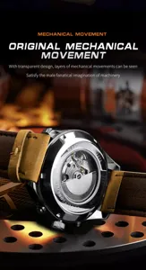 Men automatic mechanical watch detail view transparent back brown leather strap stylish