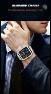 Men's square quartz watch with metal strap, black dial, and stylish business design for daily wear.