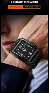 Men's square quartz watch with black dial rhinestones and metal bracelet business casual
