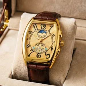 Heren Automatisch Mechanisch Horloge Tonneau Kast Opengewerkt Tourbillon Zakelijk Polshorloge Roestvrij Stalen Band