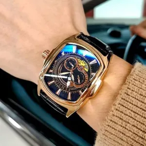 Men's tonneau quartz watch with gold case and black leather strap for stylish wear.