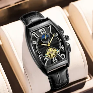 Automatisch mechanisch tonneau horloge voor heren met zwarte wijzerplaat en lederen band.