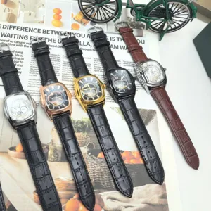 Men's Tonneau Quartz Watch Fashion Business Casual Leather Strap Waterproof Wristwatch