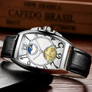 Heren Tonneau Automatisch Mechanisch Horloge Skeleton Tourbillon Leren Band Luxe Stijl