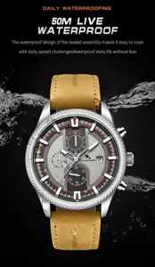 Men automatic mechanical watch sports racing waterproof chronograph with leather strap detail
