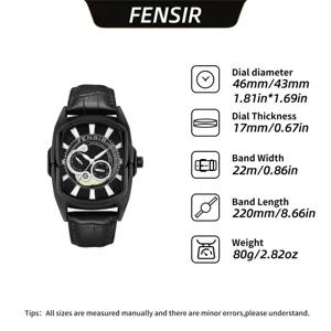 Men's black tonneau quartz watch featuring a skeleton dial and leather strap, main view.