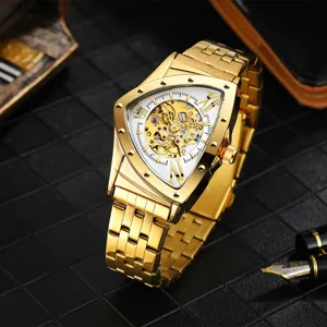 Heren Automatisch Mechanisch Horloge Mode Holle Driehoek Wijzerplaat Roestvrij Stalen Band Business Casual Horloge
