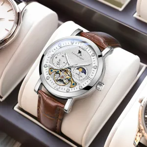 Herren Automatik Mechanische Uhr Skelett Tourbillon Luxus Lederarmband Armbanduhr