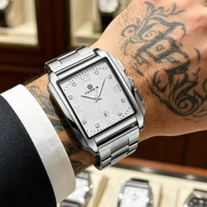 Men's Silver Square Quartz Watch with Roman Numerals and Metal Bracelet for Daily Wear