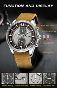Men multi-function automatic mechanical watch sport racing watch with brown leather strap.