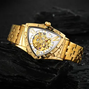 Gouden automatische heren mechanische horloge driehoekige skelet wijzerplaat roestvrij staal