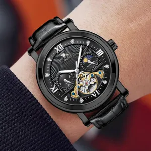 Herren automatik mechanische Uhr Skelett Zifferblatt roemische Ziffern schwarzes Lederarmband