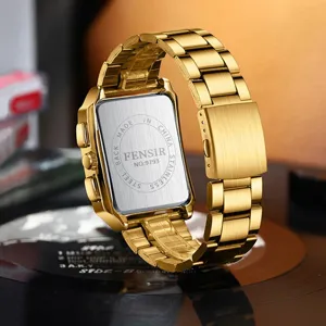 Gold rectangular quartz watch for men with stainless steel metal strap and stylish design.