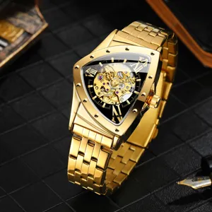 Luxe gouden driehoekige skelet automatische mechanische horloge voor heren met stalen band