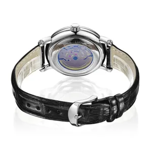 Herren Automatik mechanische Uhr mit transparentem Gehäuseboden und schwarzem Lederarmband