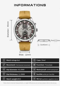 Detailed view of the mechanical watch showing 45mm dial, steel case, and genuine leather strap.