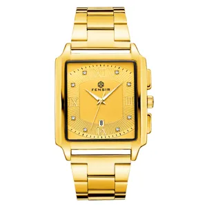 Men's square gold quartz watch with metal strap, stylish business casual waterproof wristwatch.