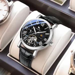 Herren Automatikuhr mechanisch mit Skelett-Tourbillon, Mondphase und Lederarmband.